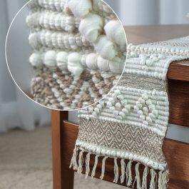 Handmade Cotton Table Runner – 70×14 Inch | Boho Beige & White Textured Runner for Dining, Console, or Bed